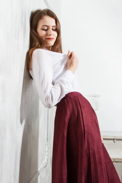 Girl Skirt White Shirt Standing Wall Studio Portrait — Stock Photo, Image