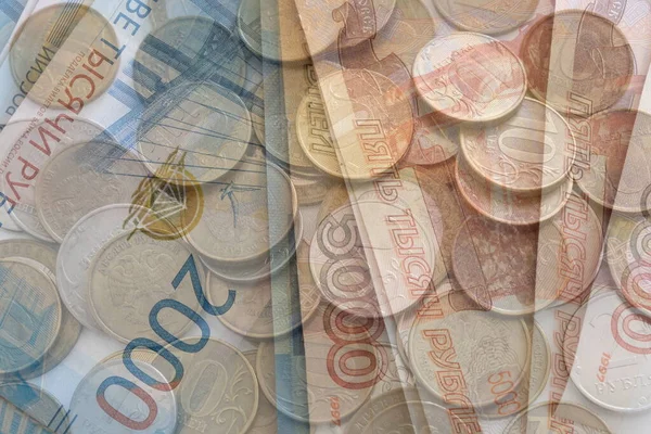 Rublos Rusos Collage Monedas Billetes Papel — Foto de Stock