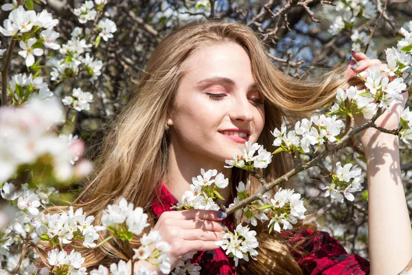 Happy Young Girl Branches Blossoming Apple Tree — Stock Photo, Image
