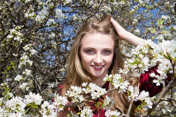 Happy Young Girl Branches Blossoming Apple Tree — Stock Photo, Image