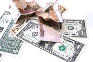 Buruşmuş ruble banknotlar Amerikan doları.