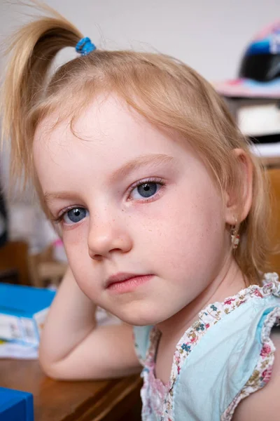 Kafasında Kuyruğu Olan Küçük Bir Kızın Portresi — Stok fotoğraf