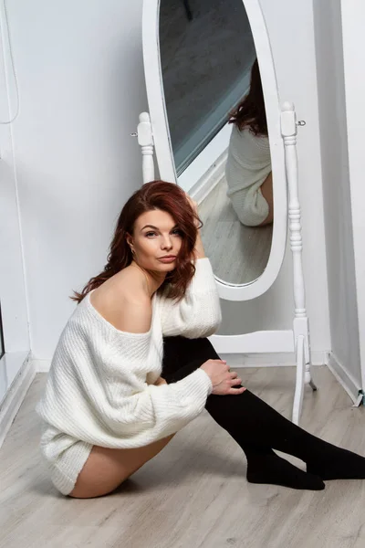 Girl White Sweater Leggings Poses Room Front Mirror — Stock Photo, Image