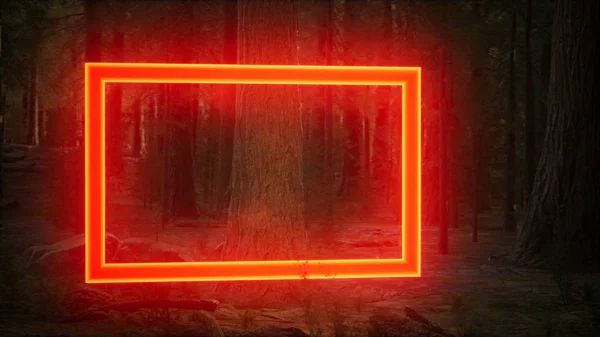 Neon glowing rectangle frame in the night forest