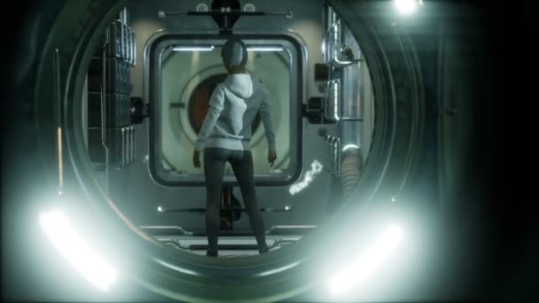 Woman astronaut on a futuristic spaceship — Stock Footage Woman astronaut on a futuristic spaceship Stock Footage