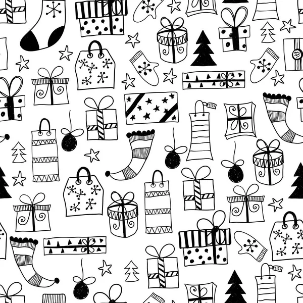Modèle sans couture avec main dessiné cadeaux de Noël — Image vectorielle