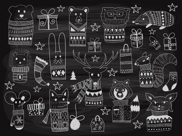 Doodle de Navidad Animales en la pizarra — Vector de stock