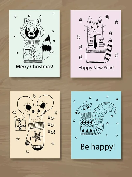 Biglietti di auguri di Natale con animali Doodle — Vettoriale Stock