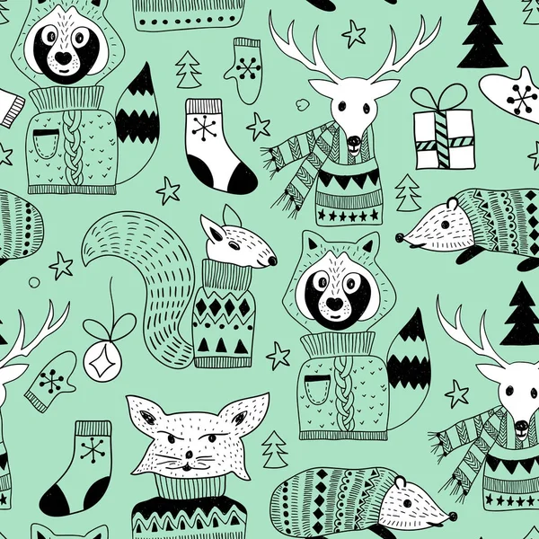 落書き動物とシームレスなクリスマスのパターン — ストックベクタ