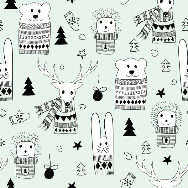 Naadloze Kerst patroon met Doodle dieren — Stockvector