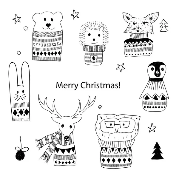 Animali di Natale Doodle — Vettoriale Stock