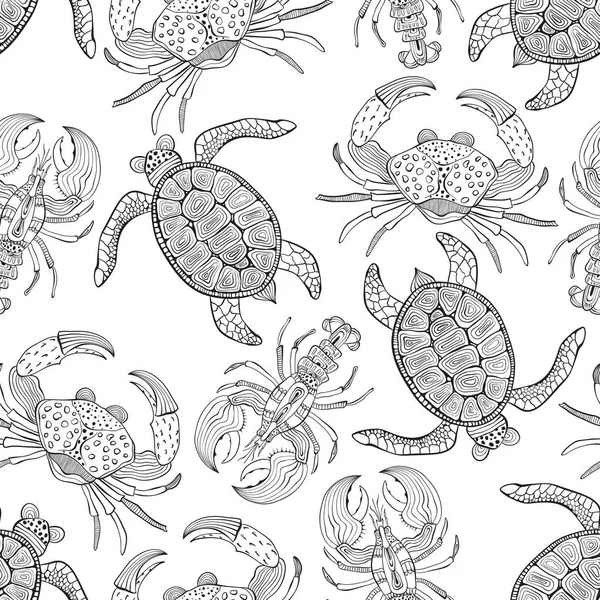 Vector Illustration Design Turtles Lobsters Seamless Pattern Retro Vintage Style — Stock Vector