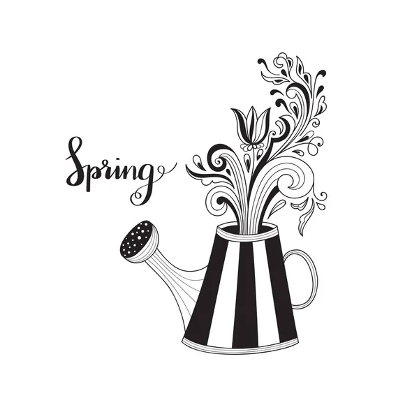 Vector Spring Greeting Card Watering Can Fantasy Floral Pattern — Stock Vector