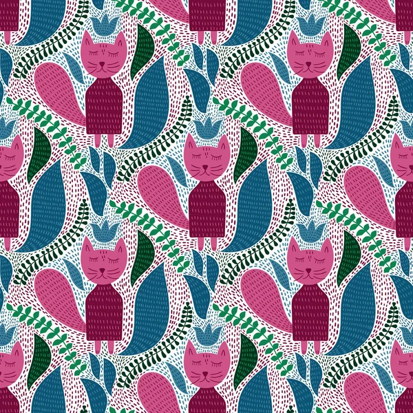 Vector Seamless Tough  Pattern with Cats and Plants — стоковий вектор