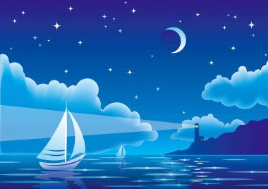 Yelkenli ve deniz feneri ile vektör gece deniz manzarası