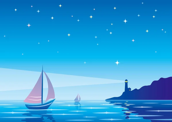 Vector evening seascape with sailboat, lighthouse and clear star — Stock Vector