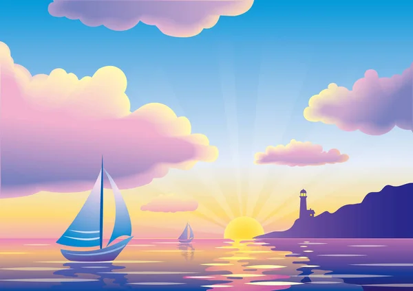 Vector sunset or sunrise seascape with sailboat and lighthouse — Stock Vector