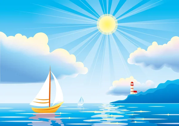 Векторний день морський пейзаж з вітрильним човном і маяком — стоковий вектор