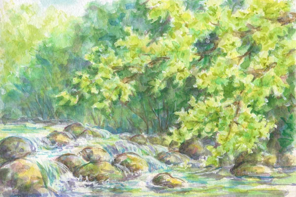 Watercolor landscape - Rapid river near a forest. Bright tree br