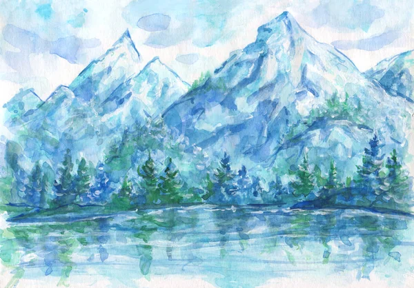 Голубой акварельный пейзаж - горное озеро — стоковое фото
