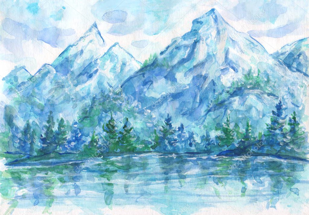 Blue watercolor landscape - mountain lake