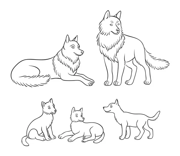 Rodina Vlků Rodiče Tři Mláďata Vektorová Ilustrace Obrysech — Stockový vektor