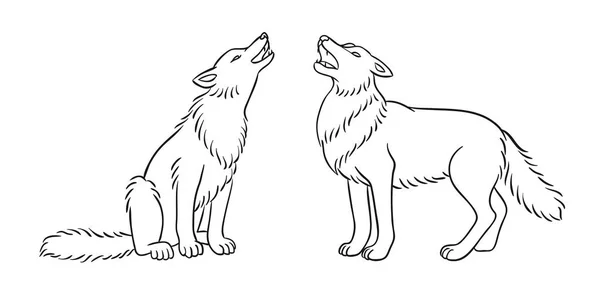 Two Howling Grey Wolves Outlines Vector Illustration — Stock Vector