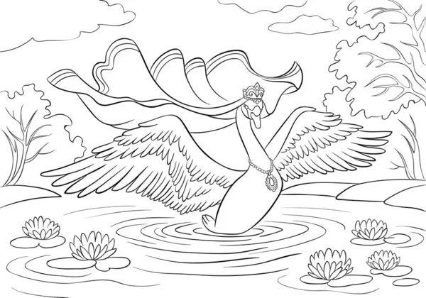 Vector Swan Princess Opened Wings Lake Water Lilies Contour Coloring — Stock Vector