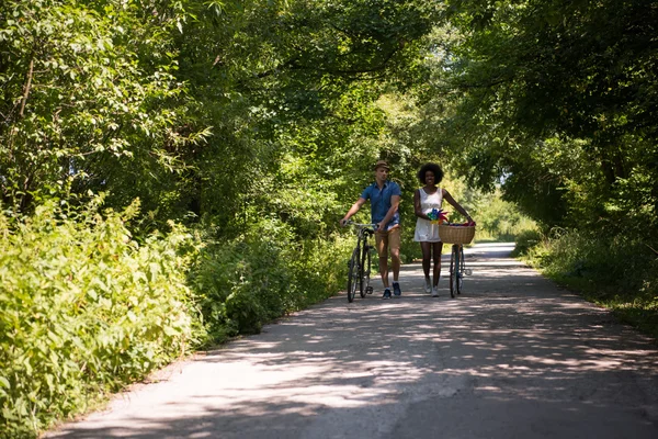 Giovane coppia multietnica che fa un giro in bicicletta nella natura — Foto Stock