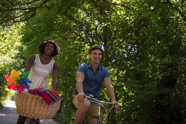 Jovem casal multiétnico ter um passeio de bicicleta na natureza — Fotografia de Stock