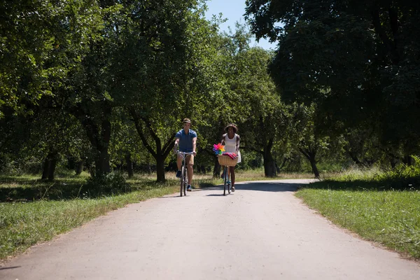 Joven pareja multiétnica teniendo un paseo en bicicleta en la naturaleza —  Fotos de Stock