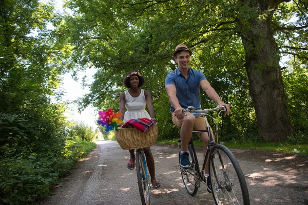 Молодая многонациональная пара, путешествующая на велосипеде по природе — стоковое фото