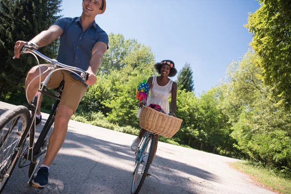 Joven pareja multiétnica teniendo un paseo en bicicleta en la naturaleza —  Fotos de Stock
