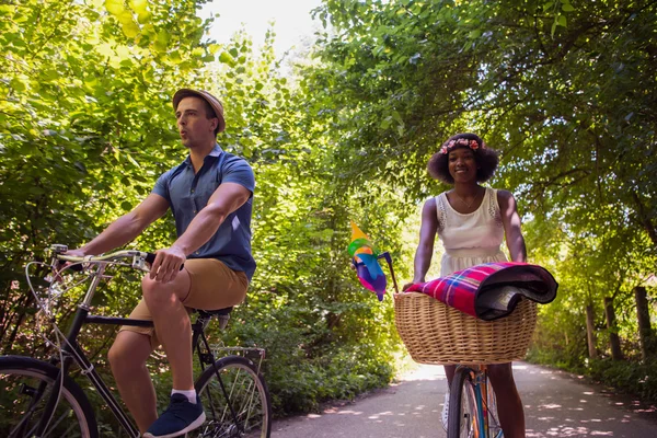 Jovem casal multiétnico ter um passeio de bicicleta na natureza — Fotografia de Stock