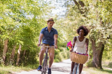 Bisiklete sahip genç çok ırklı çift doğada binmek