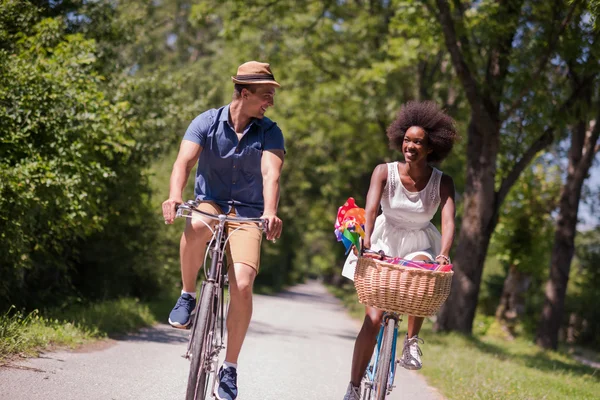 Bisiklete sahip genç çok ırklı çift doğada binmek — Stok fotoğraf