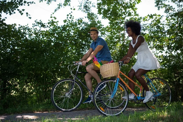 Jovem casal multiétnico ter um passeio de bicicleta na natureza — Fotografia de Stock