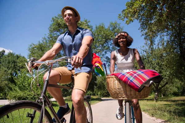 Jovem casal multiétnico ter um passeio de bicicleta na natureza — Fotografia de Stock