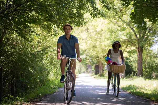 Bisiklete sahip genç çok ırklı çift doğada binmek