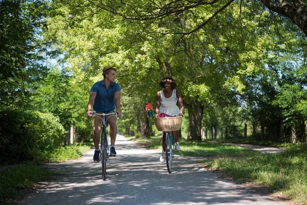 Jovem casal multiétnico ter um passeio de bicicleta na natureza — Fotografia de Stock