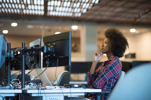 Молодая черная женщина на своем рабочем месте в современном офисе — стоковое фото