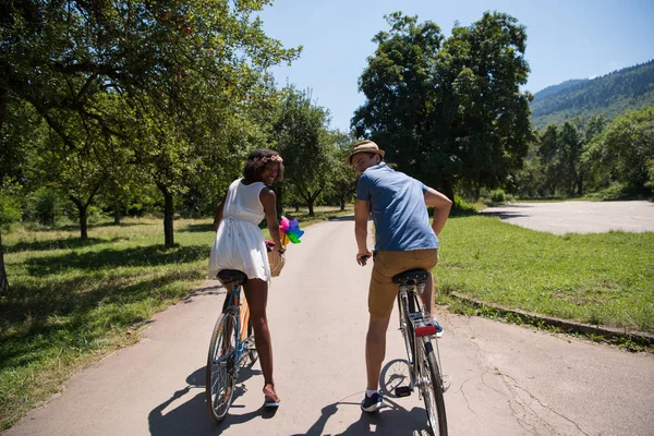 Молода пара має радісну їзду на велосипеді в природі — стокове фото