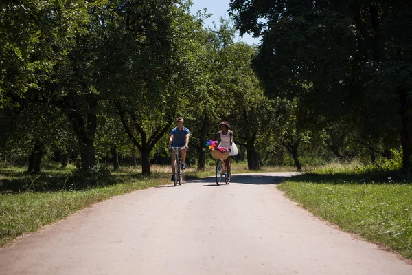 Jong koppel met vrolijke fiets rijden in de natuur — Stockfoto