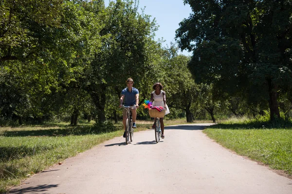 Giovane coppia che ha gioioso giro in bicicletta nella natura — Foto Stock
