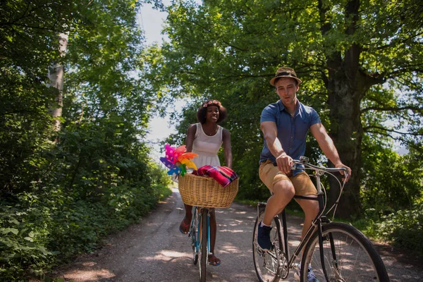 Jeune couple ayant joyeuse balade à vélo dans la nature — Photo