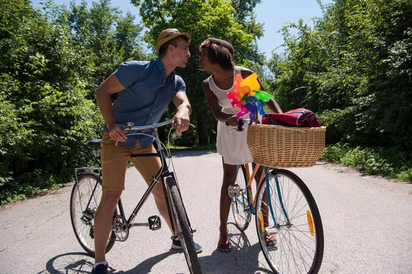 Joven pareja teniendo alegre paseo en bicicleta en la naturaleza —  Fotos de Stock