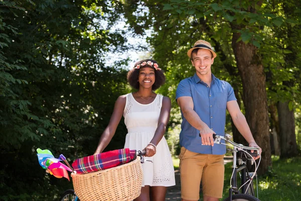 Junges Paar bei fröhlicher Radtour in der Natur — Stockfoto