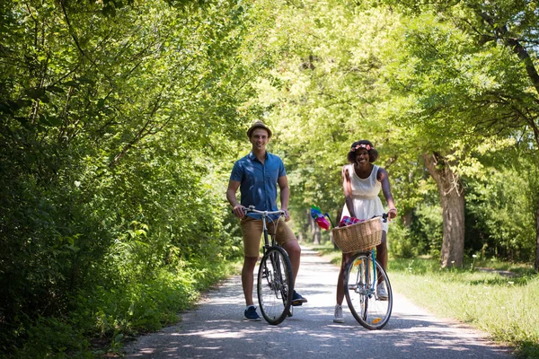 Jovem casal ter passeio de bicicleta alegre na natureza — Fotografia de Stock