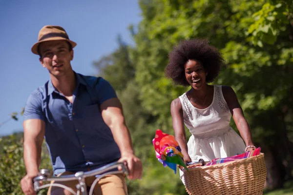 Giovane coppia che ha gioioso giro in bicicletta nella natura — Foto Stock