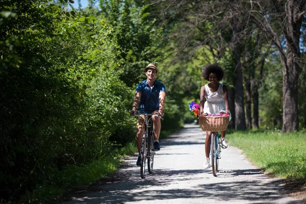 Jovem casal ter passeio de bicicleta alegre na natureza — Fotografia de Stock